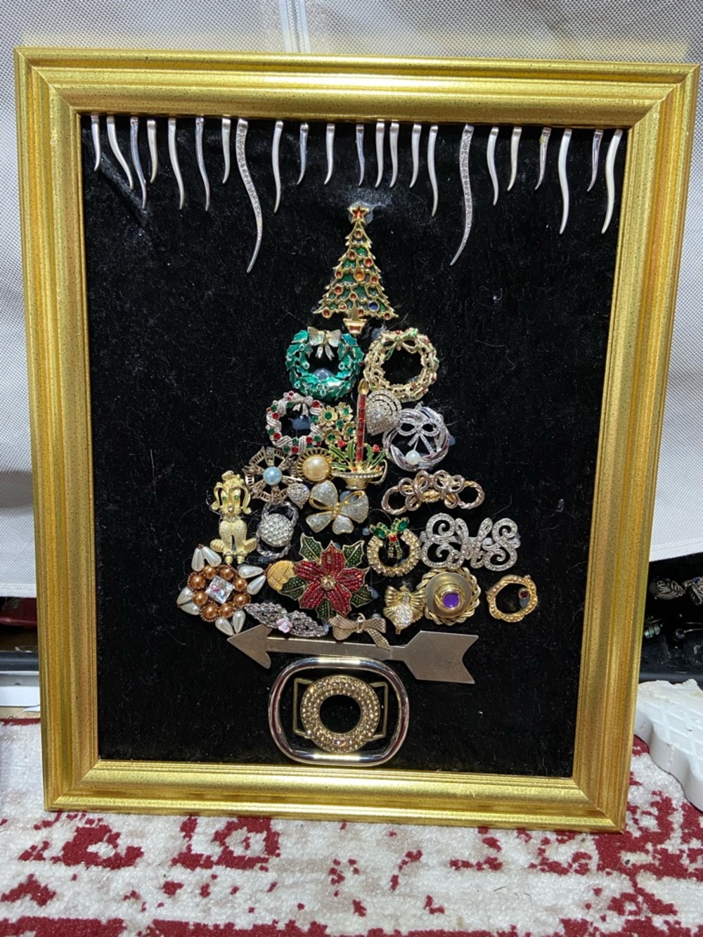 OOAK Handmade Framed Vintage & Modern Costume Jewelry Christmas Tree Mosaic Art.